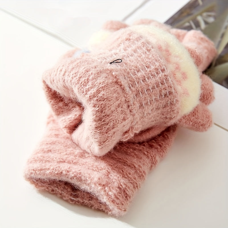 Cute Sweet Jacquard Convertible Mittens Short Thick Warm Half Finger Knit Gloves Autumn Winter Coldproof Windproof Touchscreen Gloves